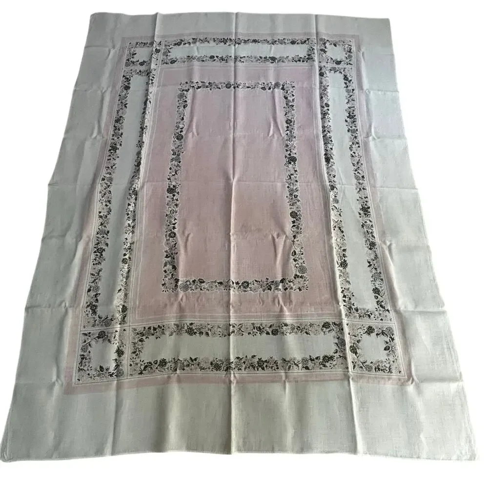 Vintage mid century printed cotton tablecloth 1950’s pink & white floral border